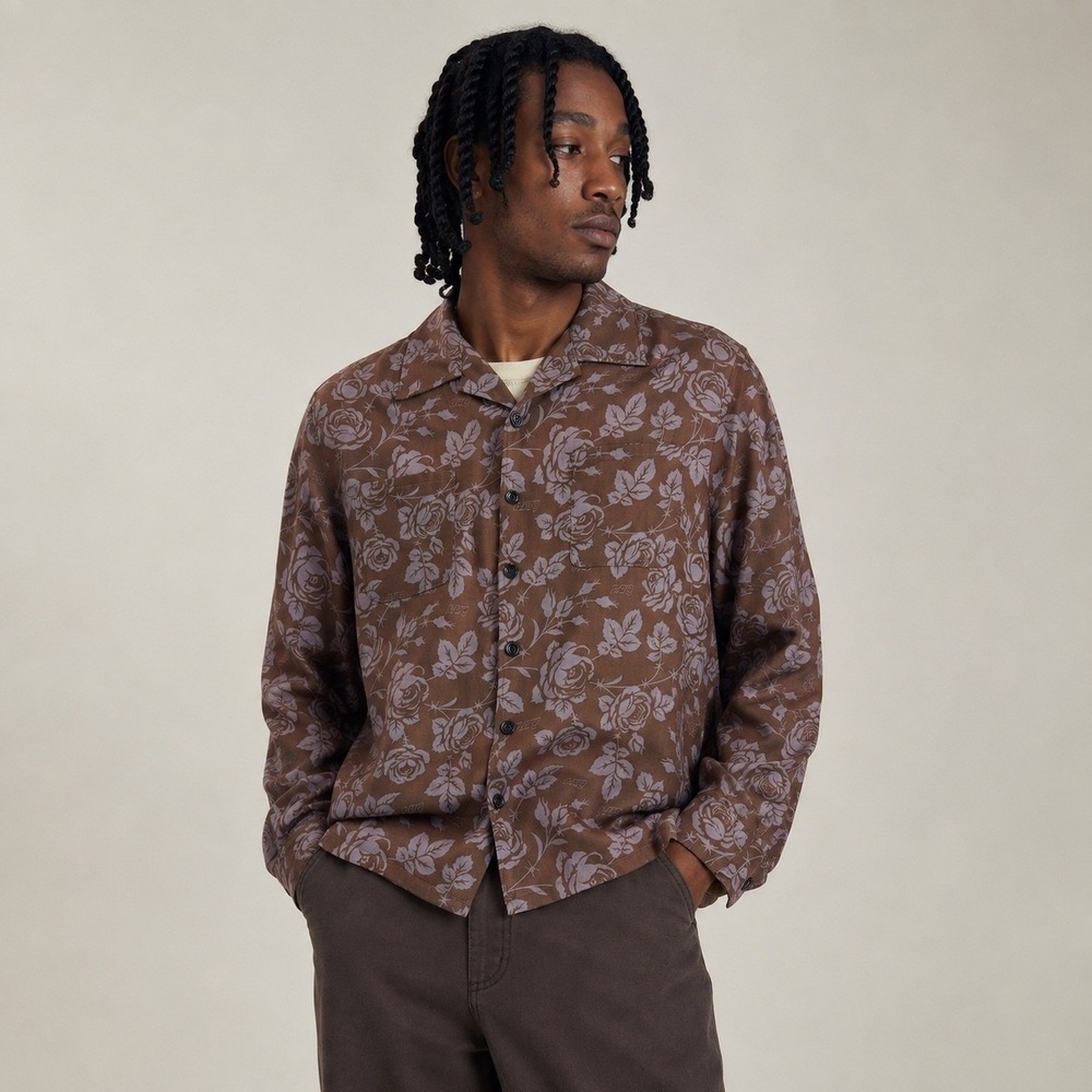 Honor The Gift Rose Pattern Woven Shirt Brown Floral Long Sleeve HTG XL NEW